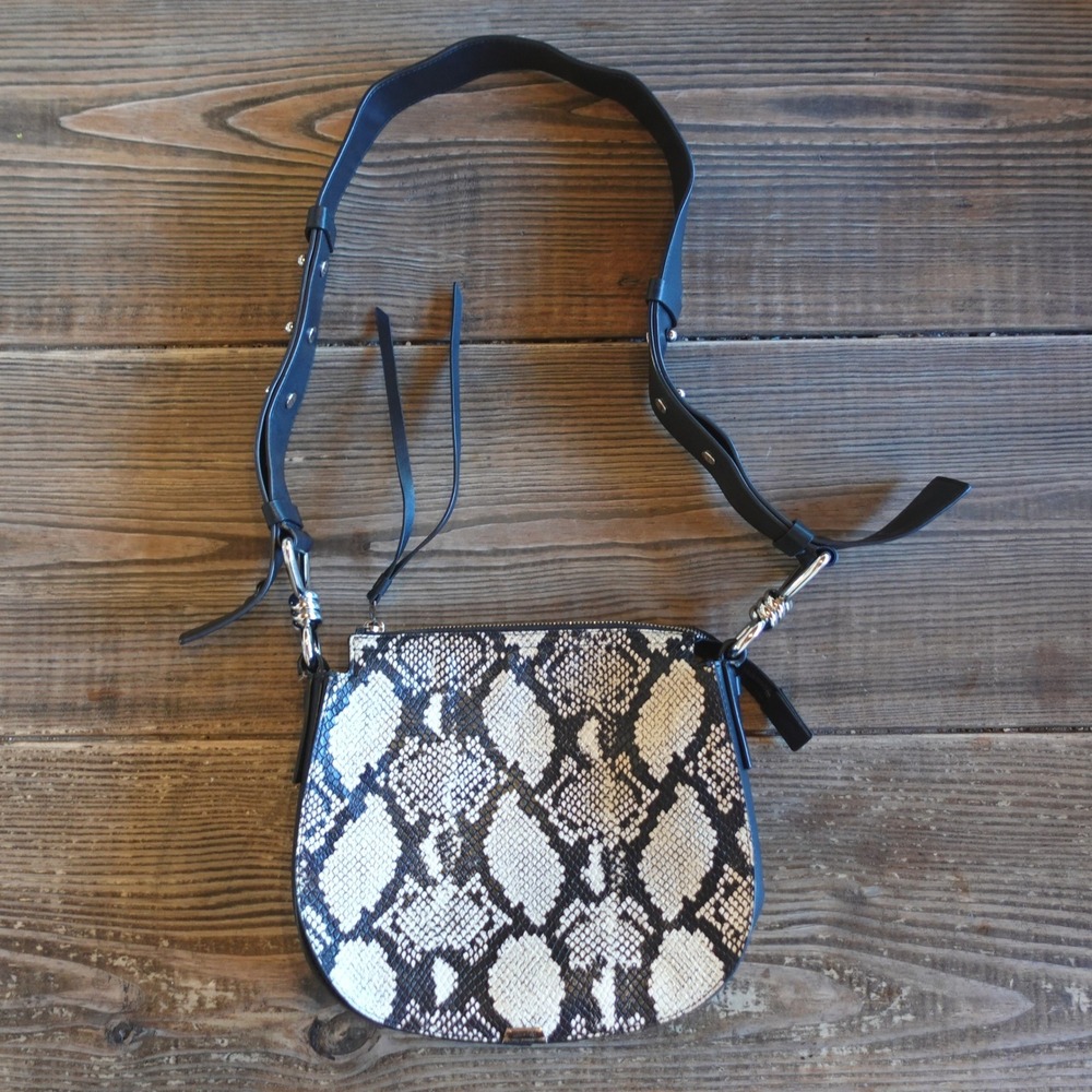 AllSaints Embossed Leather Crossbody Bag Womens Black Snake Print Messenger Chic
